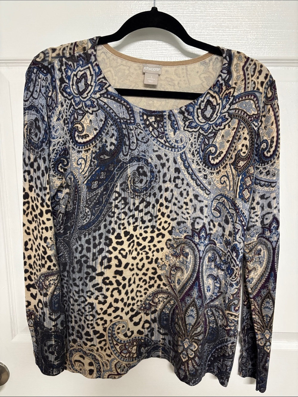Chico's Blue, Cream & Black Paisley Leopard Long Sleeve Top